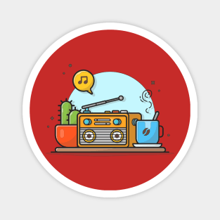 Old Radio with Coffee, Cactus Plant, Note and Tune of Music. Cartoon Vector Icon Illustration Magnet